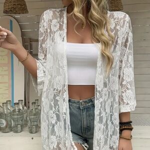 Vintage Sheer Floral Lace Open Cardigan White 3/4 Sleeve w/ Ruffle | M